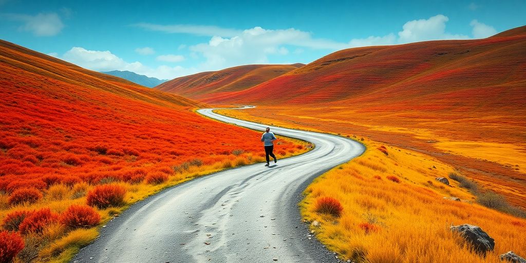 Person running on winding road through vibrant landscape.