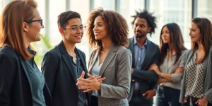 Diverse business professionals collaborating actively in a modern office.