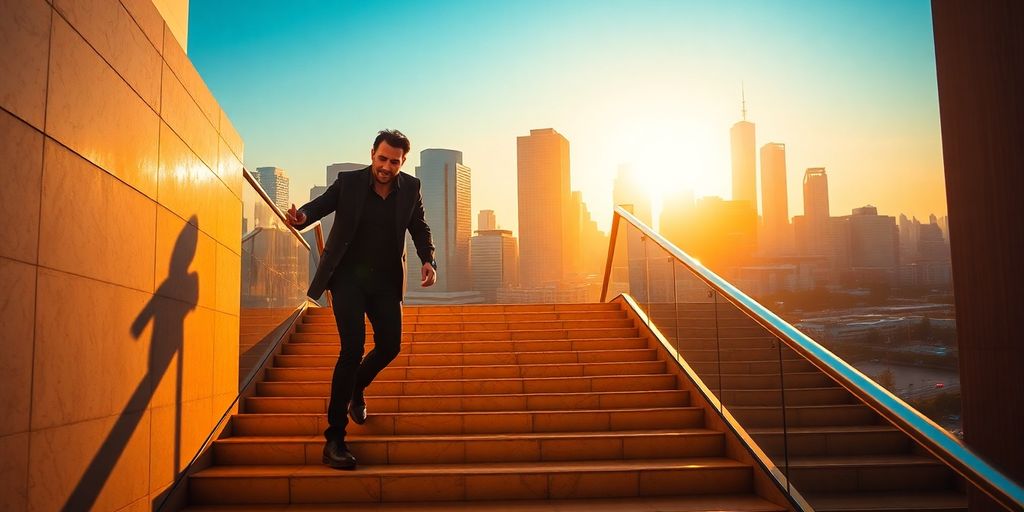 Person ascending staircase, bright city background.