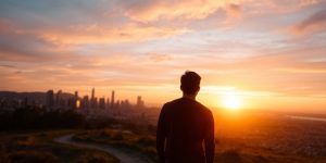 Person looking at city skyline.
