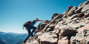 Person climbing mountain, reaching for summit