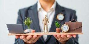 Person balancing work and life, with a clock and a plant.