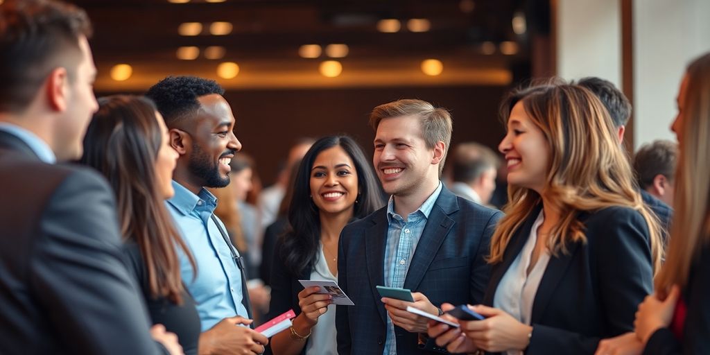 Diverse professionals networking at a modern office event.